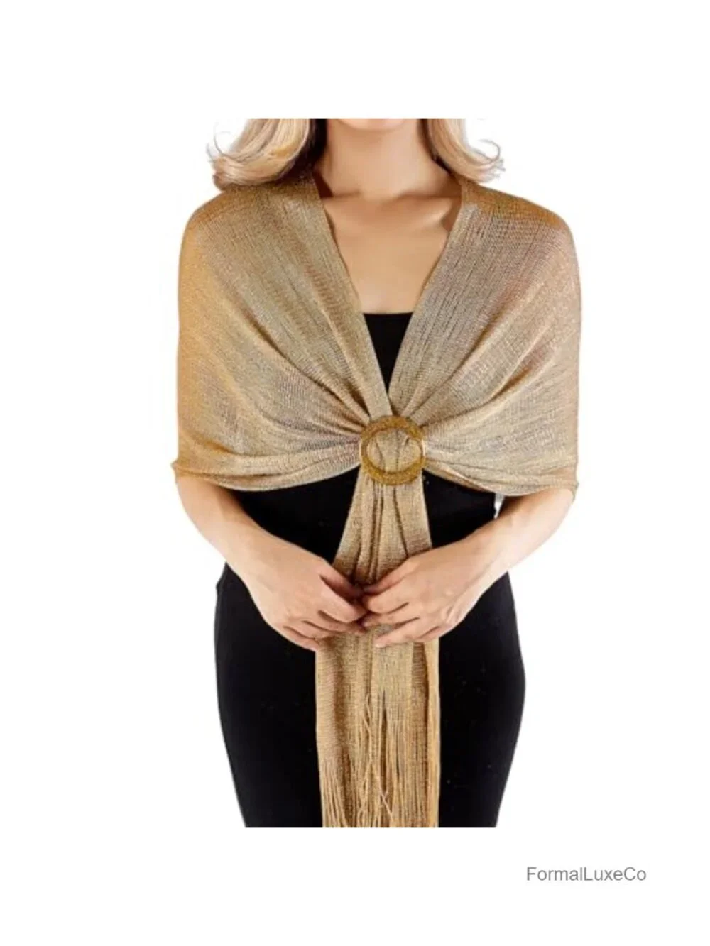 Sparkling Metallic Pashmina Shawl Wrap with Buckle for Evening Dresses